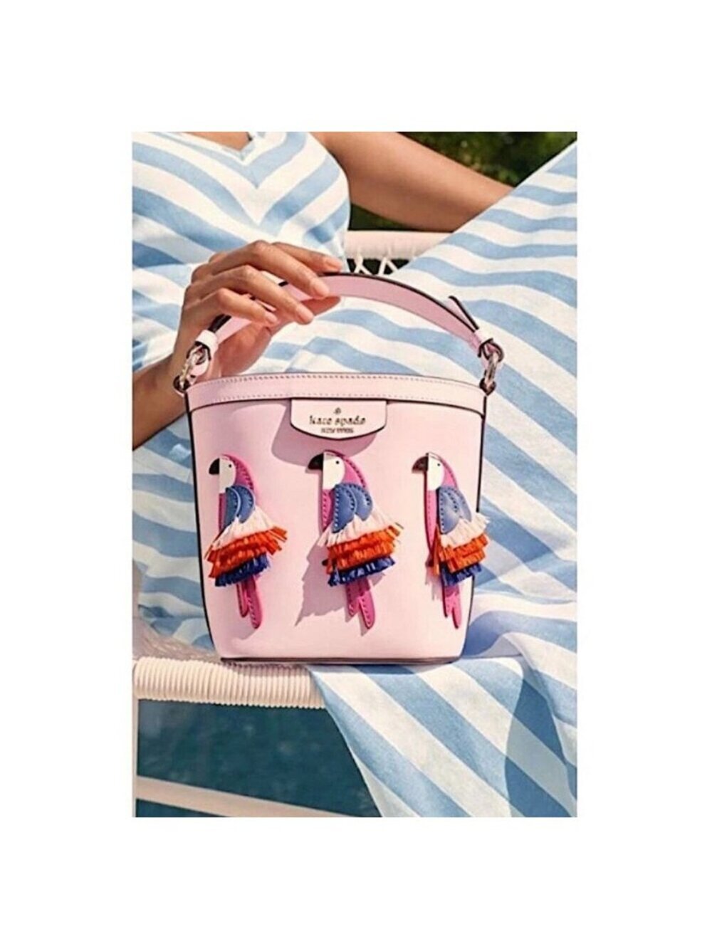Kate Spade Pippa Flock Party Parrot Small Bucket Crossbody Bag Pink Novelty